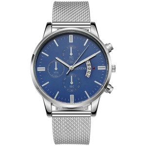 Geneva men's quartz watch with blue dial, silver mesh band, and chronograph sub-dials