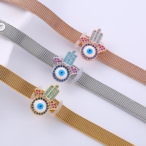 Adjustable stainless steel mesh bracelet set with Evil Eye and Hamsa Hand charms