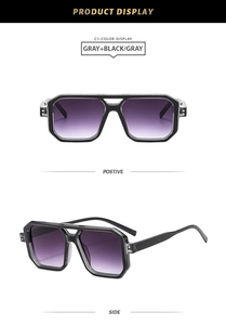 Front and side views of square pilot sunglasses with gray frames and purple gradient lenses