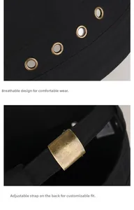Détail de casquette d'extérieur avec œillets métalliques dorés et boucle réglable au dos