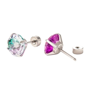 Titanium steel stud earrings with gradient multi-faceted crystals in pink and iridescent