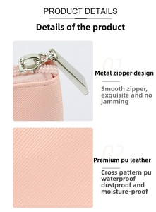 Detail of pink cross-grain PU leather makeup bag with smooth silver metal zipper closure