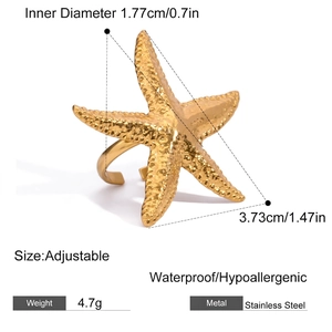 Detailed size view of an adjustable stainless steel starfish ring with waterproof finish