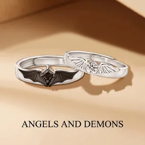 Angel And Demon Wings Couple Rings Set Copper With Zircon Adjustable Open Romantic Jewelry For Lovers