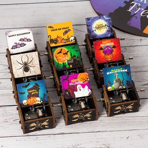 Halloween Hand Crank Wooden Music Box Painted Engraved Manual Musical Box Holiday Gift Home Decor