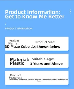 Detailed specification sheet for 3D puzzle maze cube showing plastic material and age 3 plus