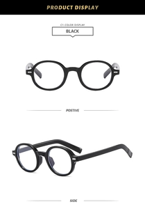 Front and side view of classic black round full-rim glasses with silver metal accents