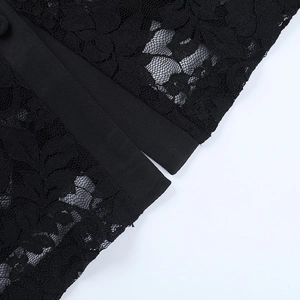 Close-up of intricate black lace patterns and high-density flat ribbon hem craftsmanship