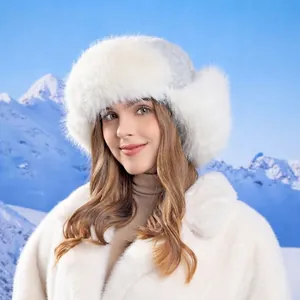 Women's white plush trapper hat with warm faux fur for outdoor winter protection