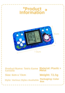 Blue translucent handheld Tetris console with 13x6cm dimensions and 72.5g weight
