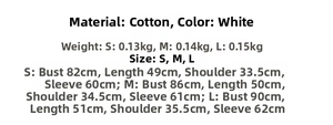 Size chart detail for white long sleeve top with doll collar showing S M L measurements