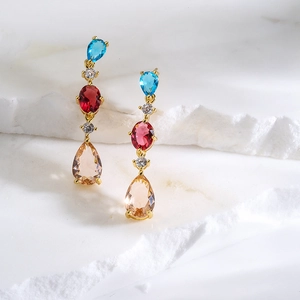 Long Dangle Earrings Copper Gold Plated With Colorful Zircon Pear Teardrop Cascading Stones Elegant Jewelry For Women