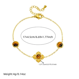 Gold plated stainless steel tiger eye flower bracelet with 17+4.5cm adjustable chain