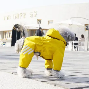 Waterproof yellow small dog raincoat with reflective stripes and hood for rain weather