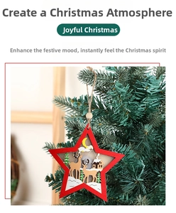 Close-up of a red star Christmas ornament featuring a hollow reindeer and snowy scene
