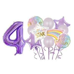 Macro view of purple number 4 foil balloon with Happy Birthday star and round balloons