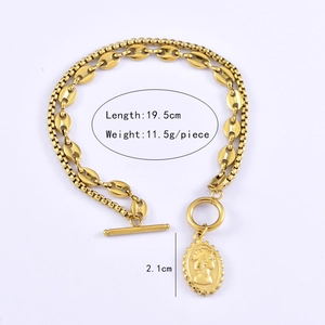 Detail of gold double-layer chain bracelet with coin pendant and OT clasp dimensions