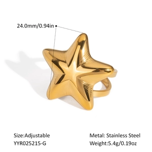 Detailed view of adjustable golden star ring in stainless steel with size dimensions
