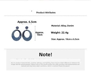 Detailed size specifications for large denim fabric hollow oval earrings in blue
