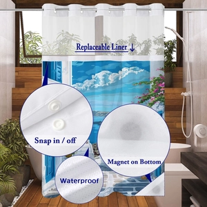 Detail of snap-in waffle shower curtain liner with waterproof fabric and magnetic bottom