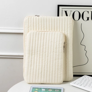 Vertical quilted cream white laptop and tablet sleeve set with metallic zippers