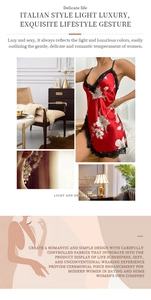 Detail of red satin nightgown with white floral patterns and black lace trim