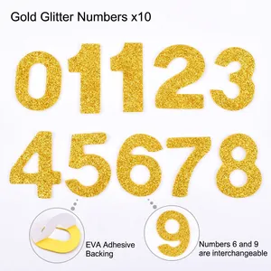 Detail view of 10-piece gold glitter EVA foam numbers 0-9 with adhesive backing for party hats