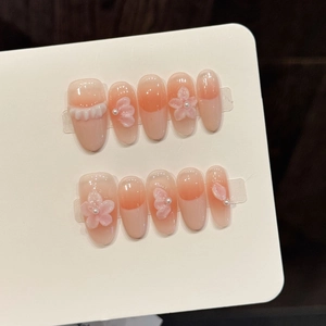 Handmade Press On Nails Bare Pink Gradient 3D Relief Flower Artificial Pearl Oval Almond Sweet Elegant Manicure For Women