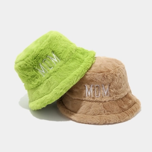 Thick plush bucket hats in neon green and khaki with MOM embroidery for winter warmth