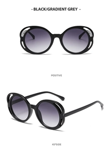 Front and 45-degree views of oval hollow frame sunglasses with gradient grey lenses