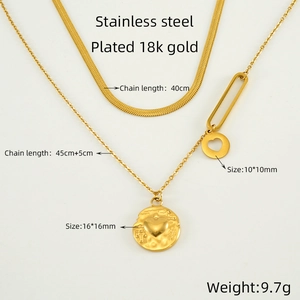 Double layer 18k gold plated stainless steel heart necklace with snake and O-chains