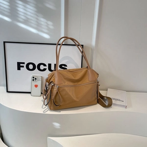 Large khaki nylon tote bag for women with wide shoulder strap and multiple zippers