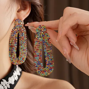 Vintage luxury oval hoop earrings with colorful multi-colored crystals for women