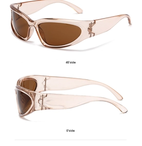 Detail view of pink sports sunglasses with brown lenses from 45 and 0 degree angles