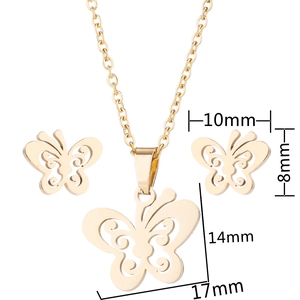 Parure de bijoux papillon dorée incluant collier et boucles d'oreilles avec dimensions