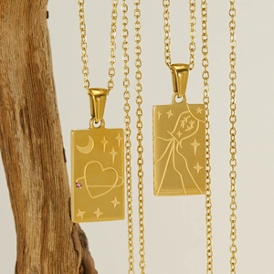 18K gold plated stainless steel square tarot pendants with moon, stars and Aquarius motifs