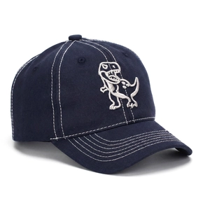 Detail of children's navy blue cotton baseball cap with white T-Rex embroidery detail.