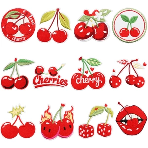 Set of 12 cherry embroidery patches with dice and flame designs for iron-on application