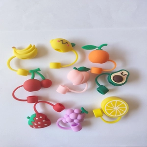 Detailed set of colorful cartoon fruit silicone straw covers with protective dust caps