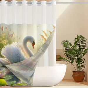 Waterproof white shower curtain with elegant swan and lotus print and metal grommets