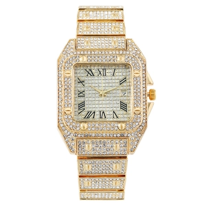 Luxury Women's Quartz Watch Square Full Rhinestone Metal Band Roman Numerals Calendar Fashion Analog Wristwatch Gold Silver Jewelry