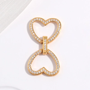 Gold heart-shaped interlocking S925 silver necklace connector with white zircons
