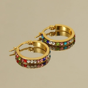 Golden 18K stainless steel hoop earrings with multi-color pave crystals and mirror reflection