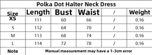 Size chart for polka dot halter neck dress showing length, bust, waist, and weight measurements