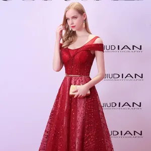 Elegant red sequined off-shoulder long evening dress with slimming A-line silhouette