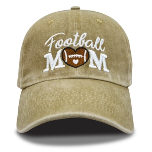 Vintage washed khaki baseball cap with white Football MOM embroidery and heart graphic