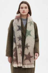 Detailed close-up of knitted bouclé scarf with colorful jacquard star patterns and fringe