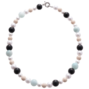 Minimalist pearl and multicolor glass beaded necklace with a silver metal clasp