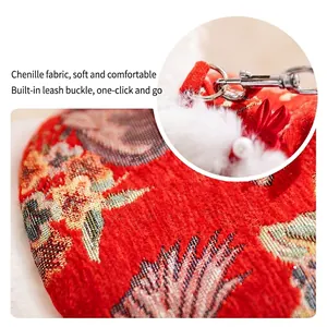 Red chenille festive pet vest with floral embroidery and leash ring for cats and dogs