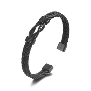 Men's black twisted cable stainless steel open bangle with knot design detail